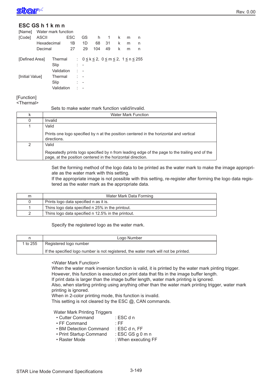 Esc gs h 1 k m n | Star Micronics Line Thermal/Dot Printer User Manual | Page 161 / 209