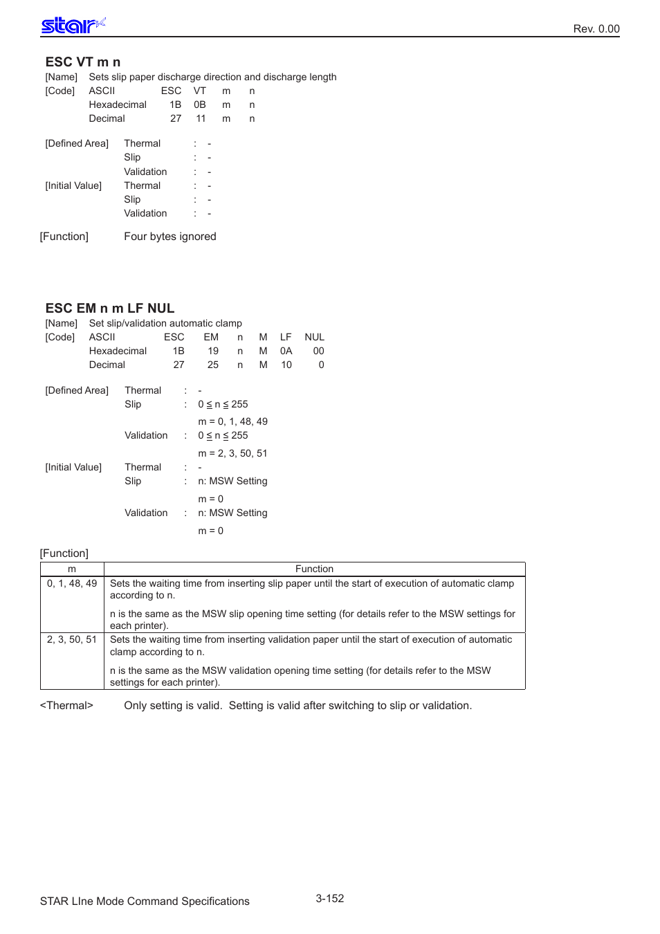 Esc vt m n, Esc em n m lf nul | Star Micronics Line Thermal/Dot Printer User Manual | Page 164 / 209