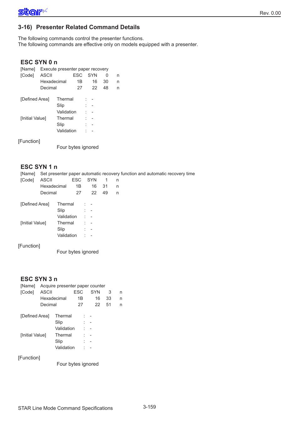 16) presenter related command details, Esc syn 0 n, Esc syn 1 n | Esc syn 3 n | Star Micronics Line Thermal/Dot Printer User Manual | Page 171 / 209