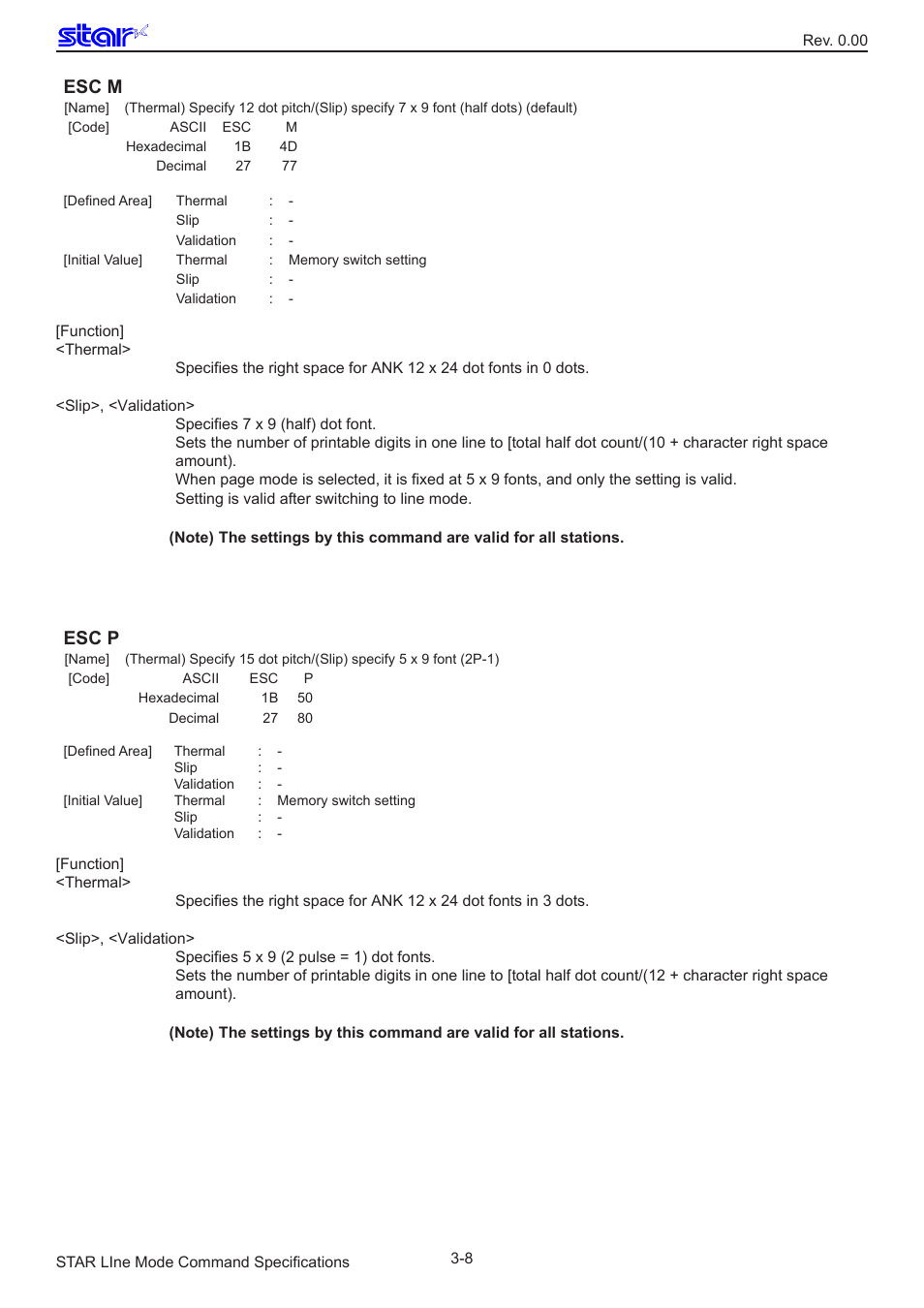 Esc m, Esc p | Star Micronics Line Thermal/Dot Printer User Manual | Page 20 / 209