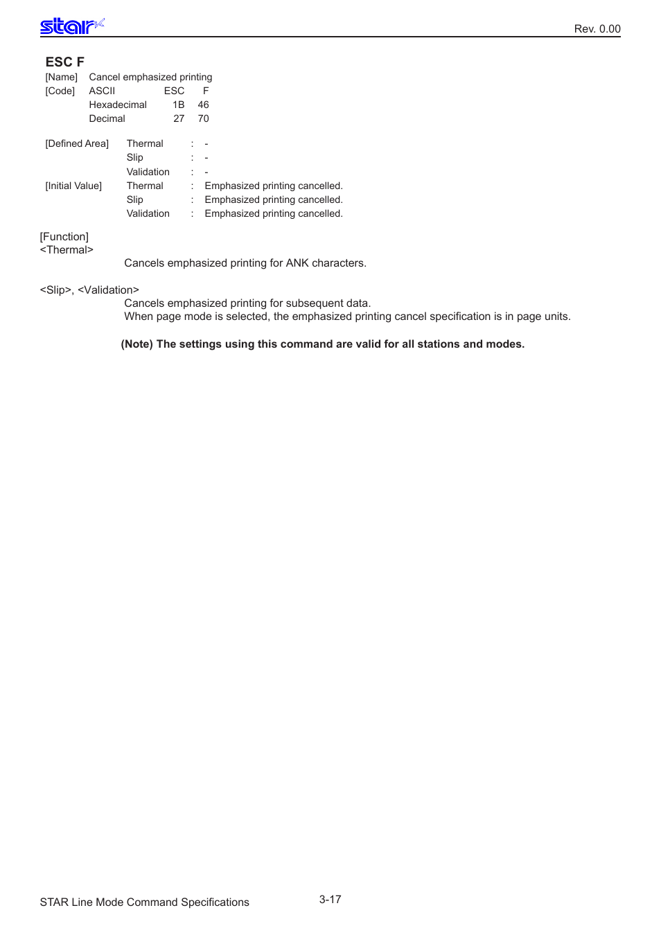 Esc f | Star Micronics Line Thermal/Dot Printer User Manual | Page 29 / 209