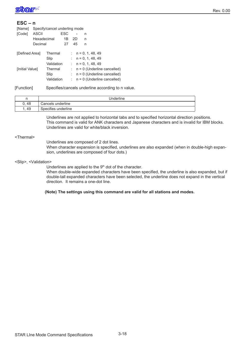 Esc – n | Star Micronics Line Thermal/Dot Printer User Manual | Page 30 / 209