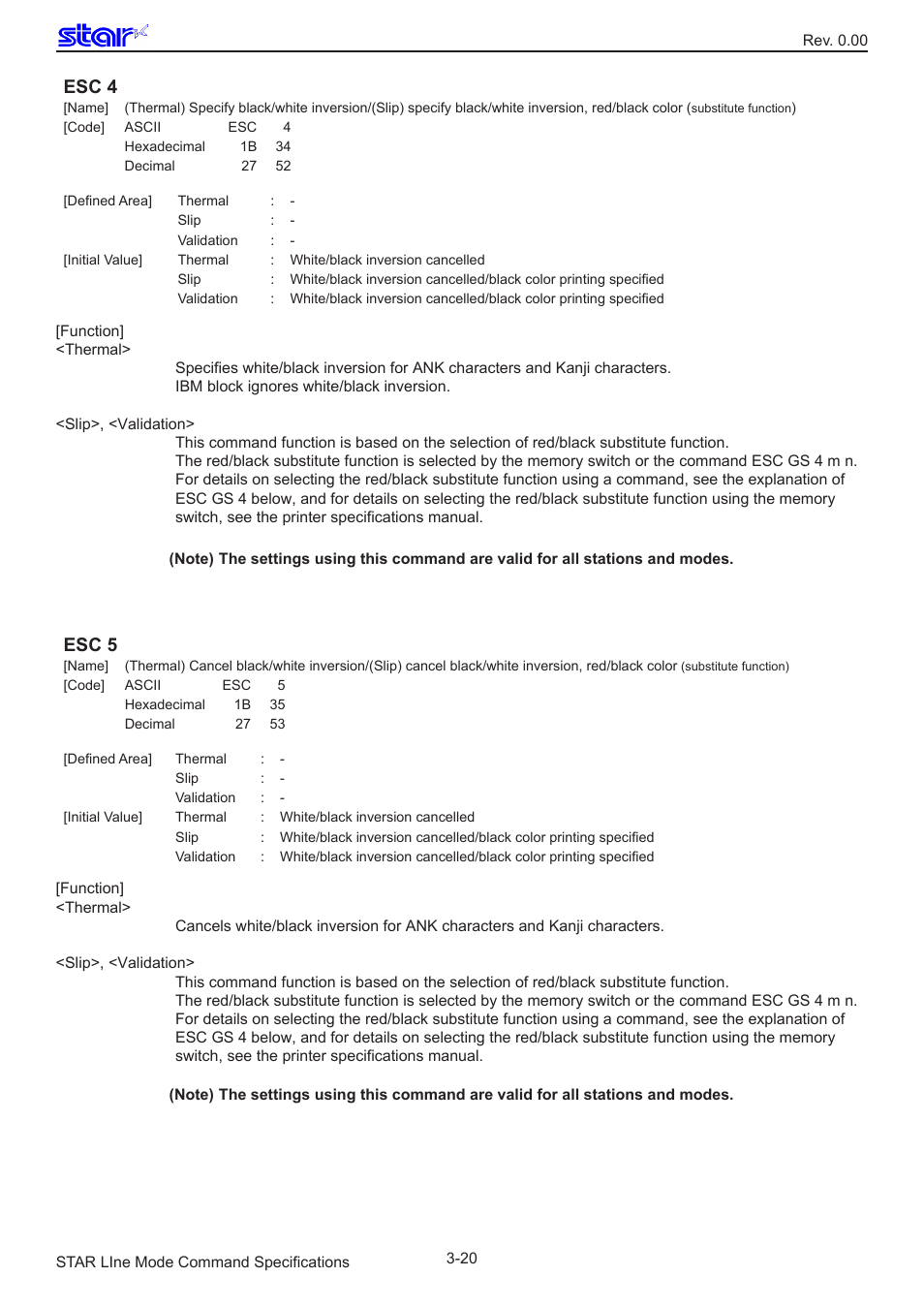 Esc 4, Esc 5 | Star Micronics Line Thermal/Dot Printer User Manual | Page 32 / 209