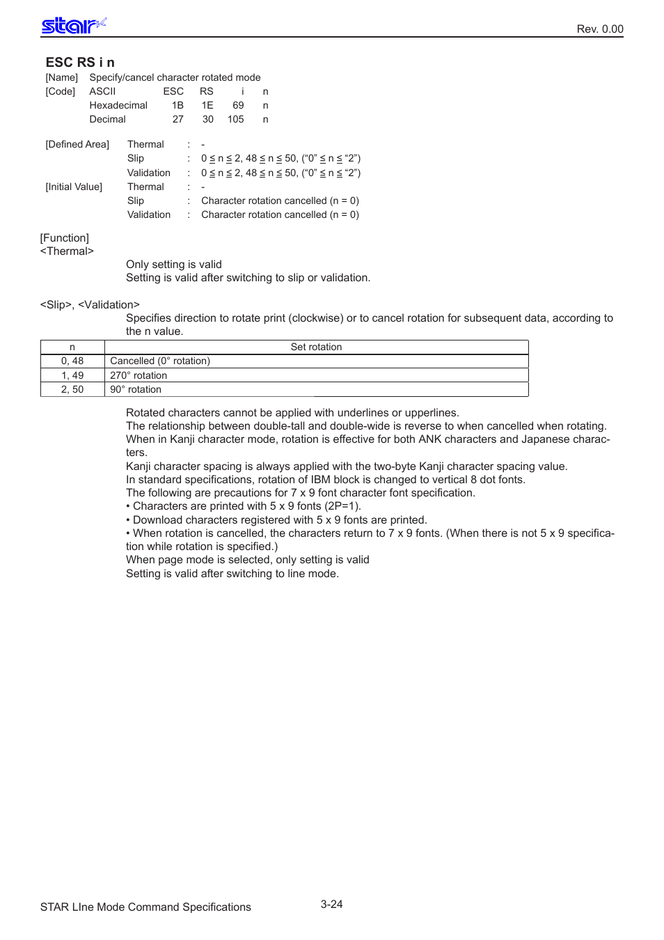 Esc rs i n | Star Micronics Line Thermal/Dot Printer User Manual | Page 36 / 209