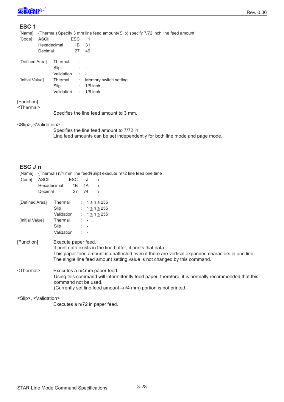 Esc 1, Esc j n | Star Micronics Line Thermal/Dot Printer User Manual | Page 40 / 209