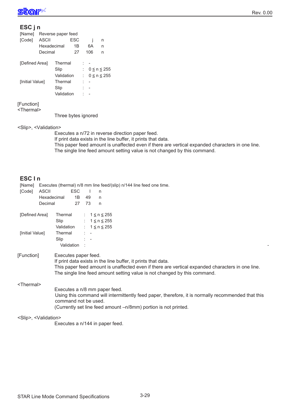 Esc j n, Esc i n | Star Micronics Line Thermal/Dot Printer User Manual | Page 41 / 209