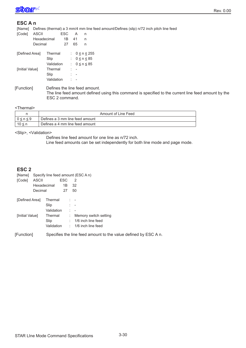 Esc a n, Esc 2 | Star Micronics Line Thermal/Dot Printer User Manual | Page 42 / 209