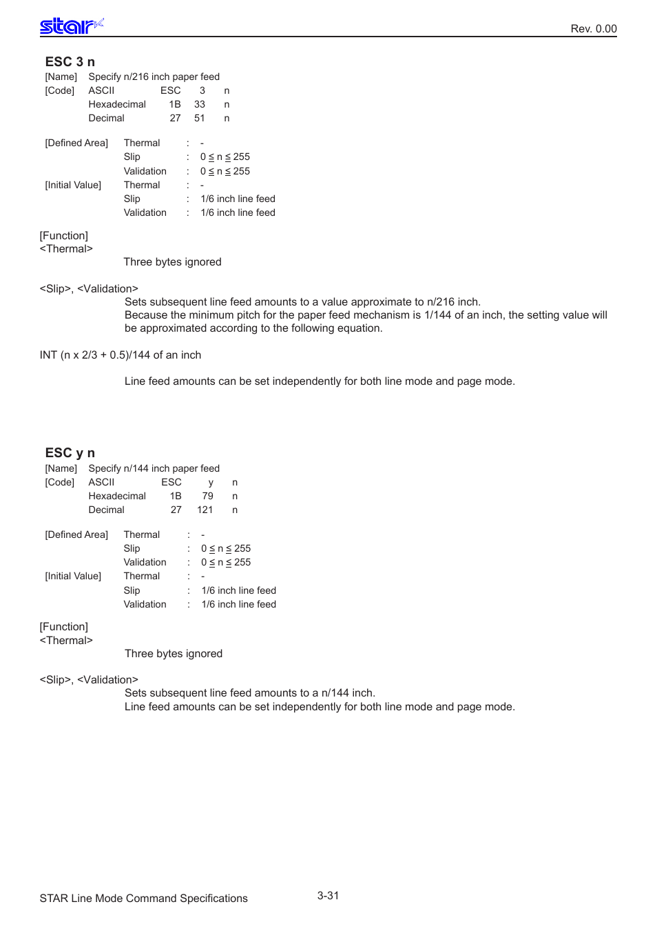 Esc 3 n, Esc y n | Star Micronics Line Thermal/Dot Printer User Manual | Page 43 / 209