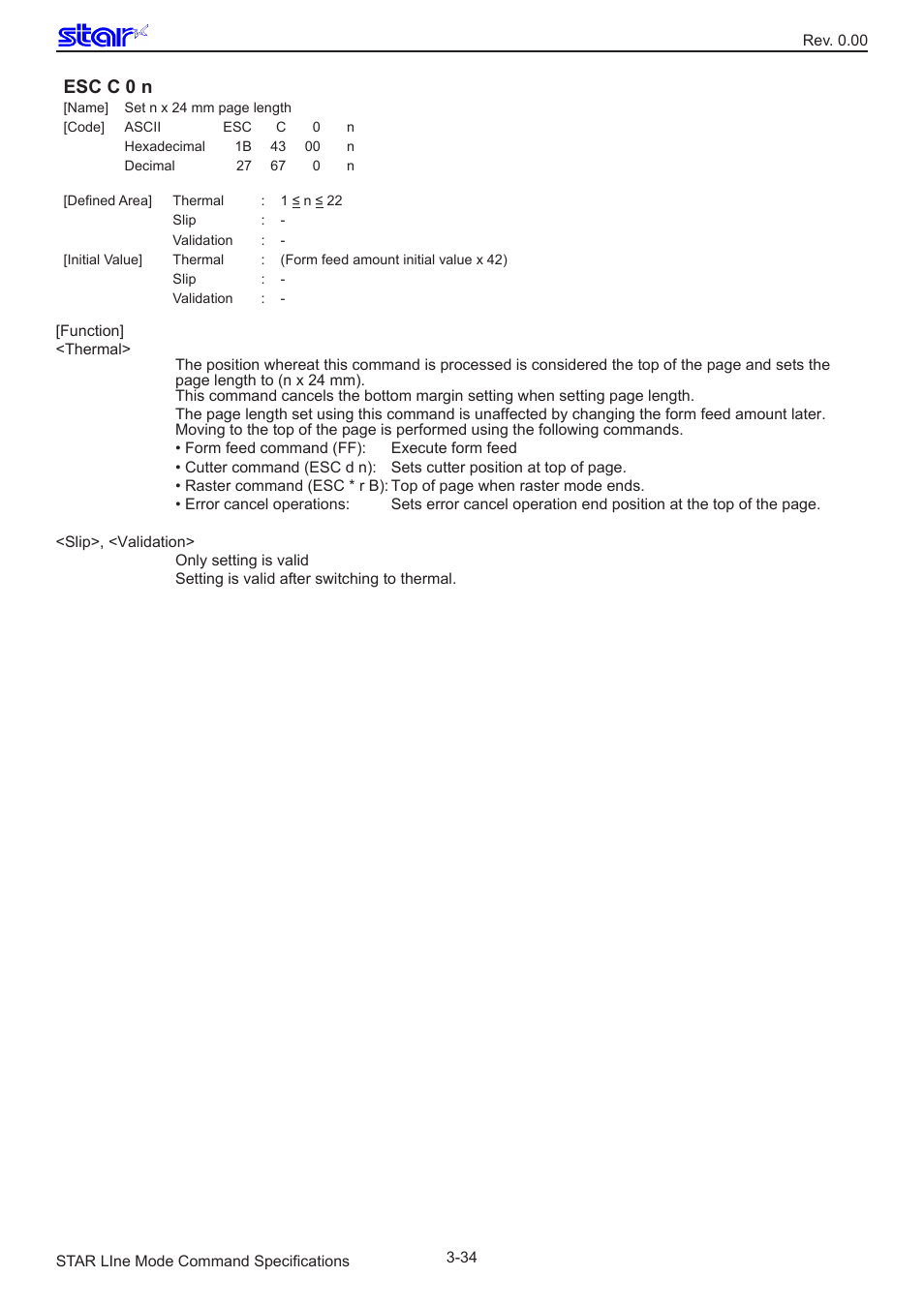 Esc c 0 n | Star Micronics Line Thermal/Dot Printer User Manual | Page 46 / 209