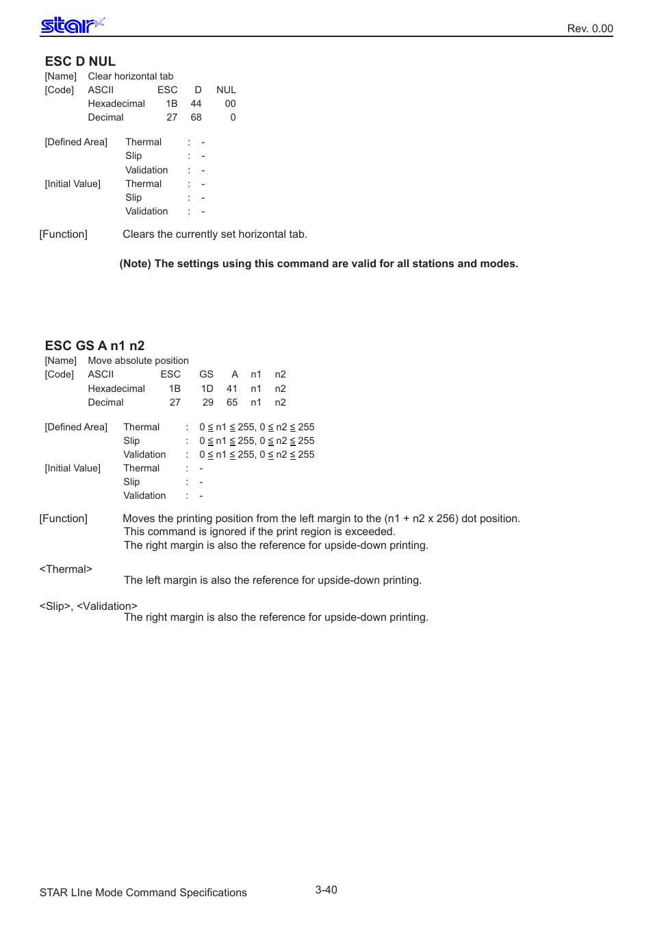 Esc d nul, Esc gs a n1 n2 | Star Micronics Line Thermal/Dot Printer User Manual | Page 52 / 209