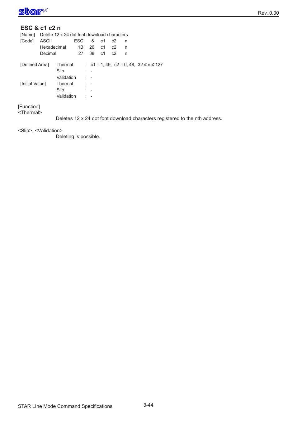 Esc & c1 c2 n | Star Micronics Line Thermal/Dot Printer User Manual | Page 56 / 209