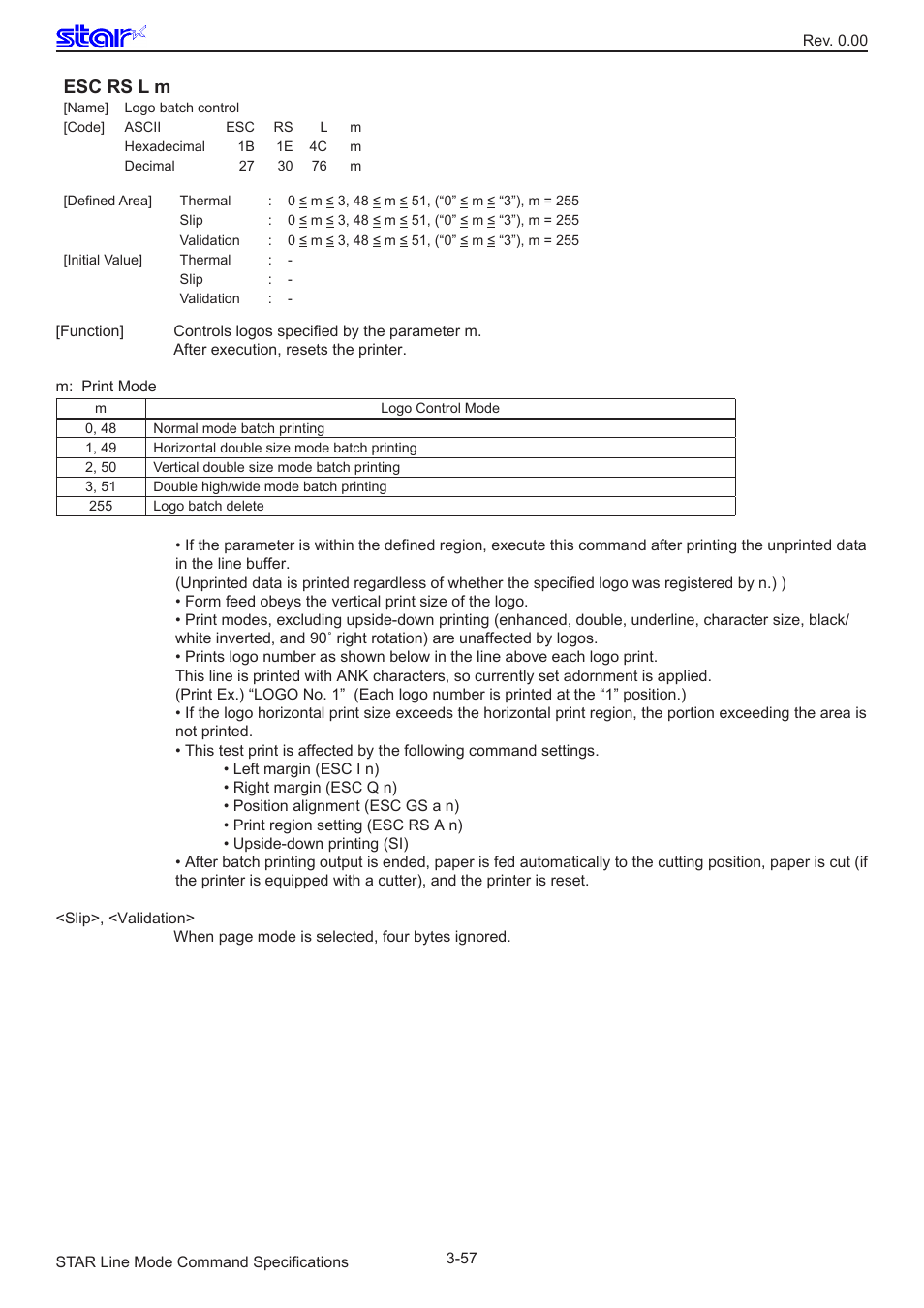 Esc rs l m | Star Micronics Line Thermal/Dot Printer User Manual | Page 69 / 209