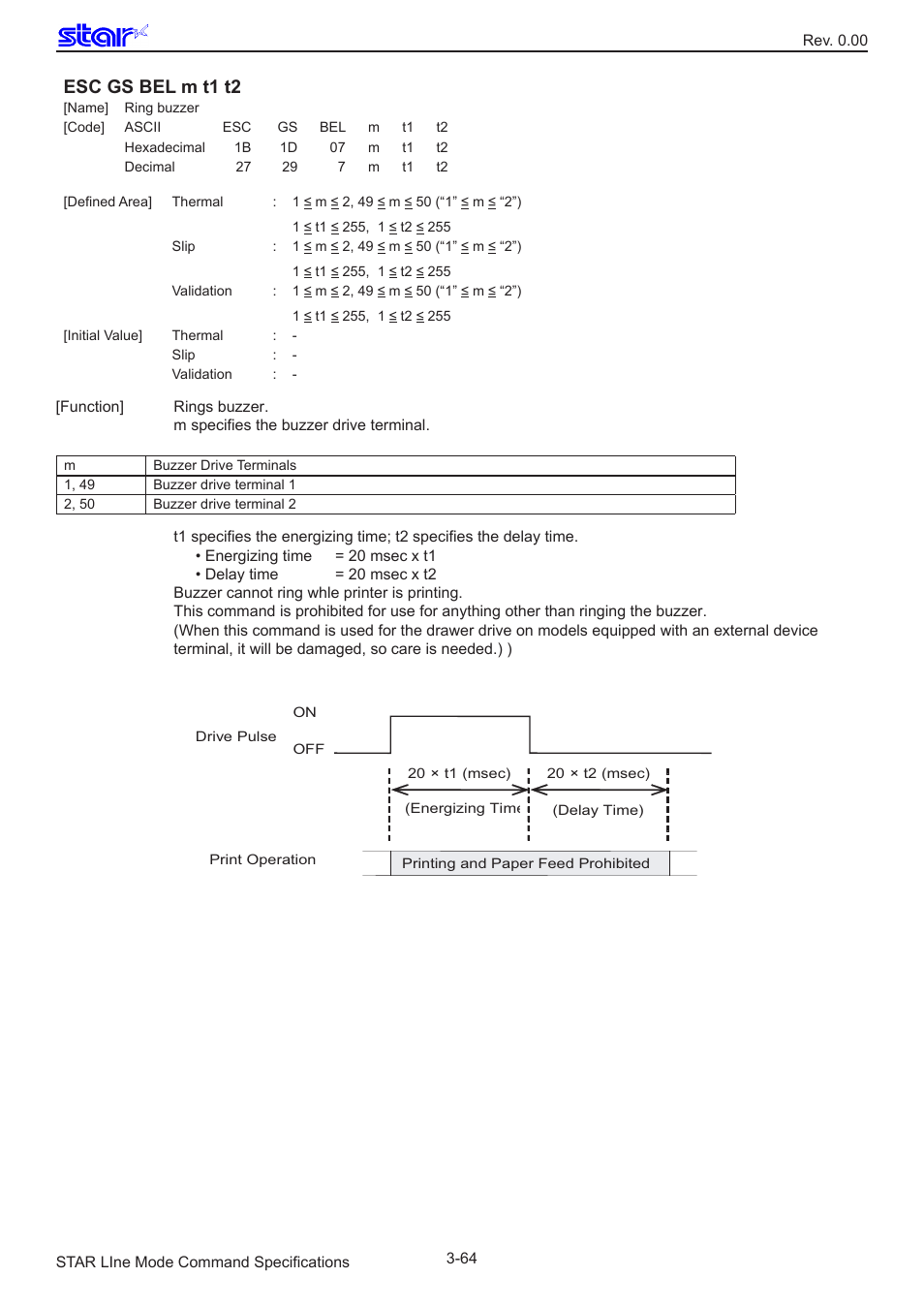 Esc gs bel m t1 t2 | Star Micronics Line Thermal/Dot Printer User Manual | Page 76 / 209