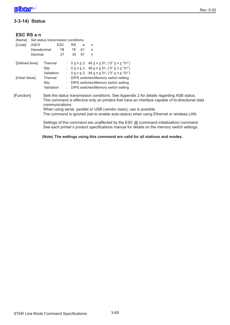 3-14) status, Esc rs a n, 3-14) status esc rs a n | Star Micronics Line Thermal/Dot Printer User Manual | Page 81 / 209