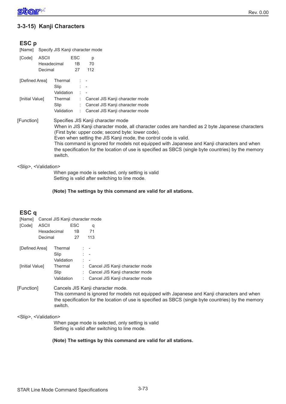 3-15) kanji characters, Esc p, Esc q | 3-15) kanji characters esc p | Star Micronics Line Thermal/Dot Printer User Manual | Page 85 / 209