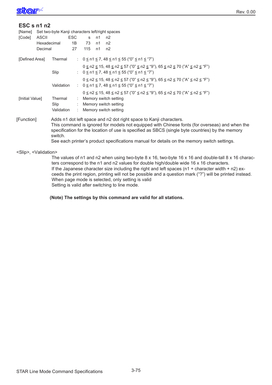 Esc s n1 n2 | Star Micronics Line Thermal/Dot Printer User Manual | Page 87 / 209