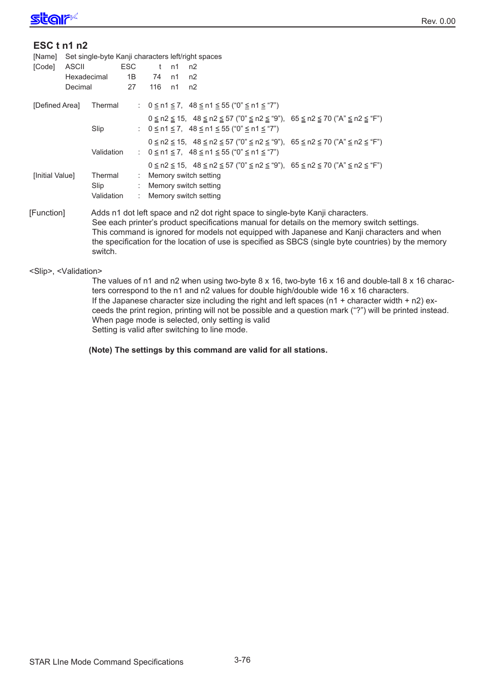 Esc t n1 n2 | Star Micronics Line Thermal/Dot Printer User Manual | Page 88 / 209