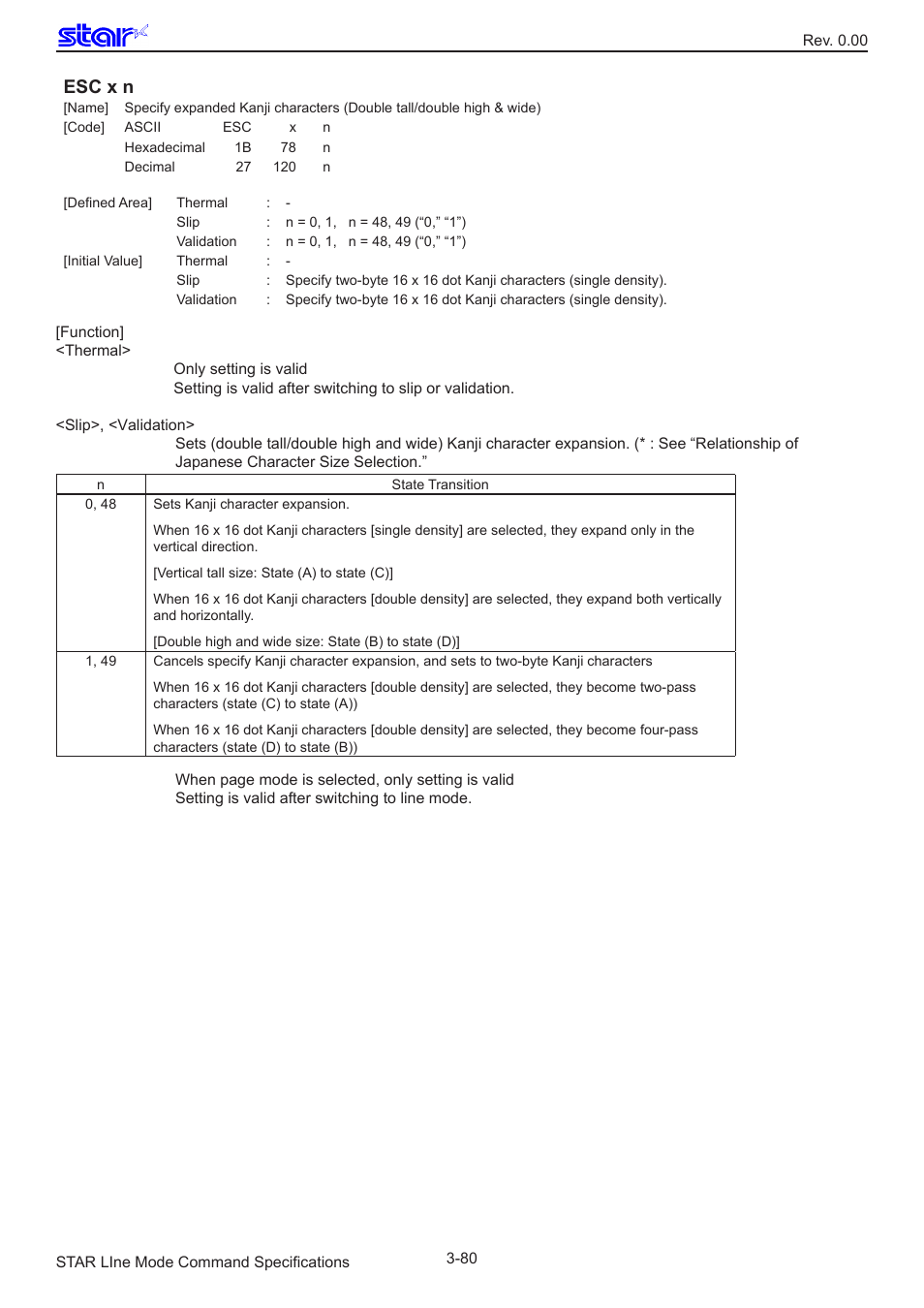 Esc x n | Star Micronics Line Thermal/Dot Printer User Manual | Page 92 / 209