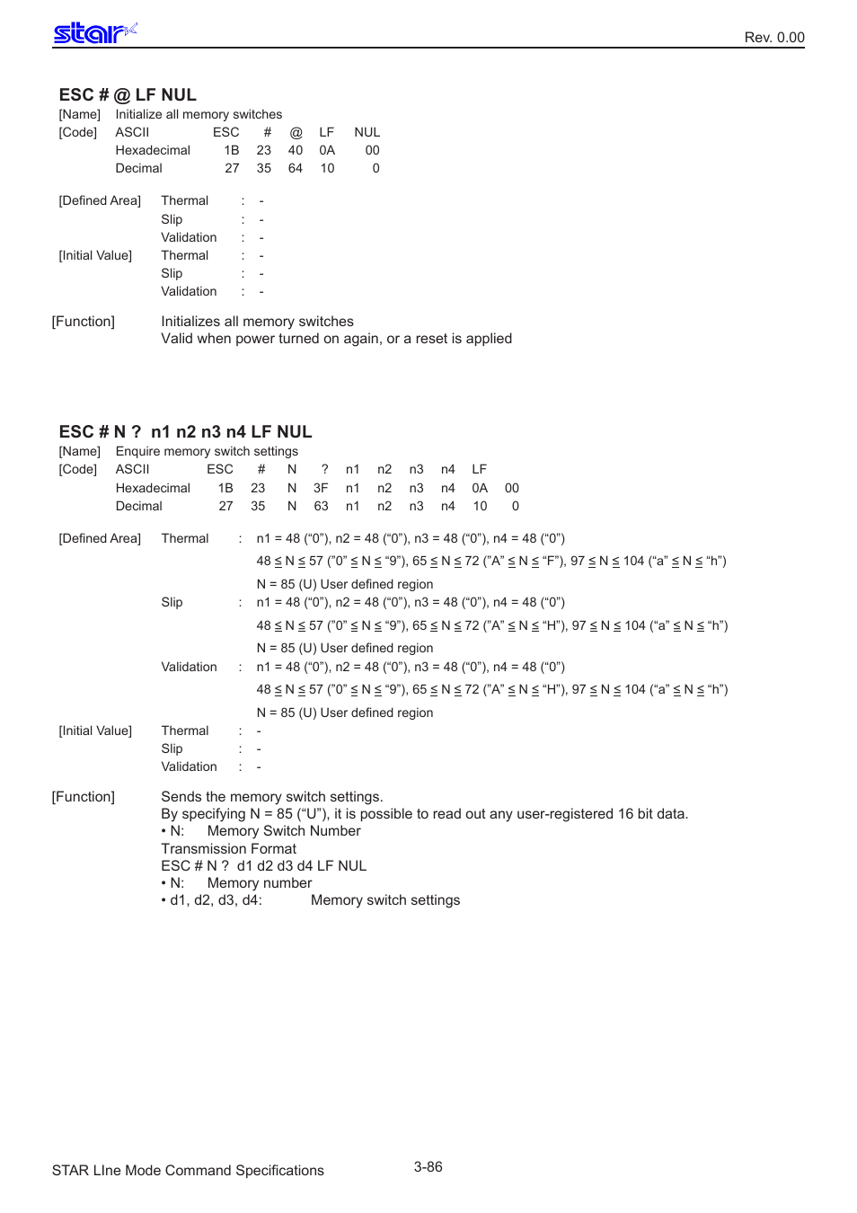 Esc # @ lf nul, Esc # n ? n1 n2 n3 n4 lf nul | Star Micronics Line Thermal/Dot Printer User Manual | Page 98 / 209