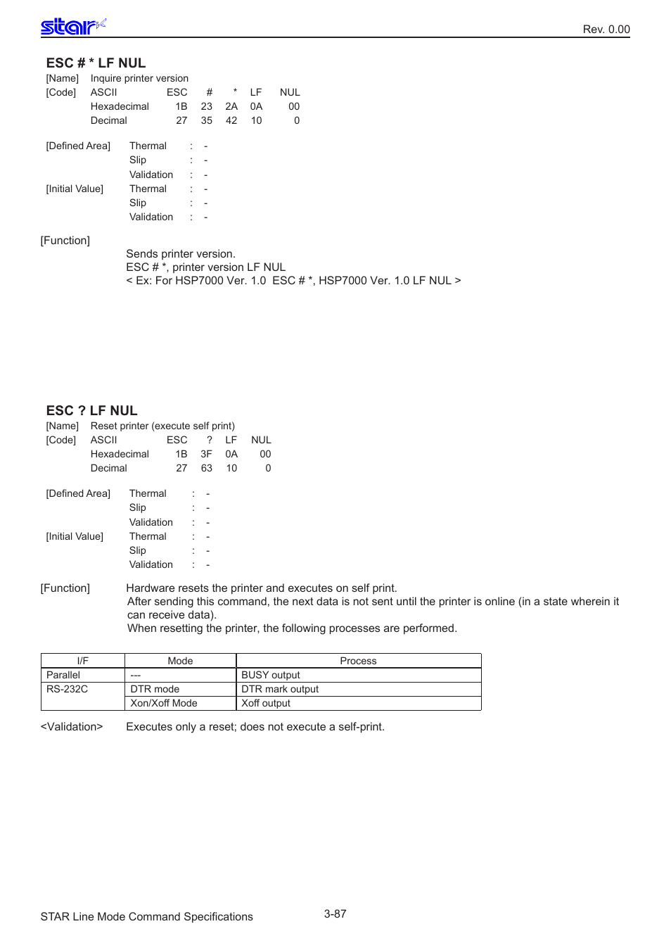 Esc # * lf nul, Esc ? lf nul | Star Micronics Line Thermal/Dot Printer User Manual | Page 99 / 209