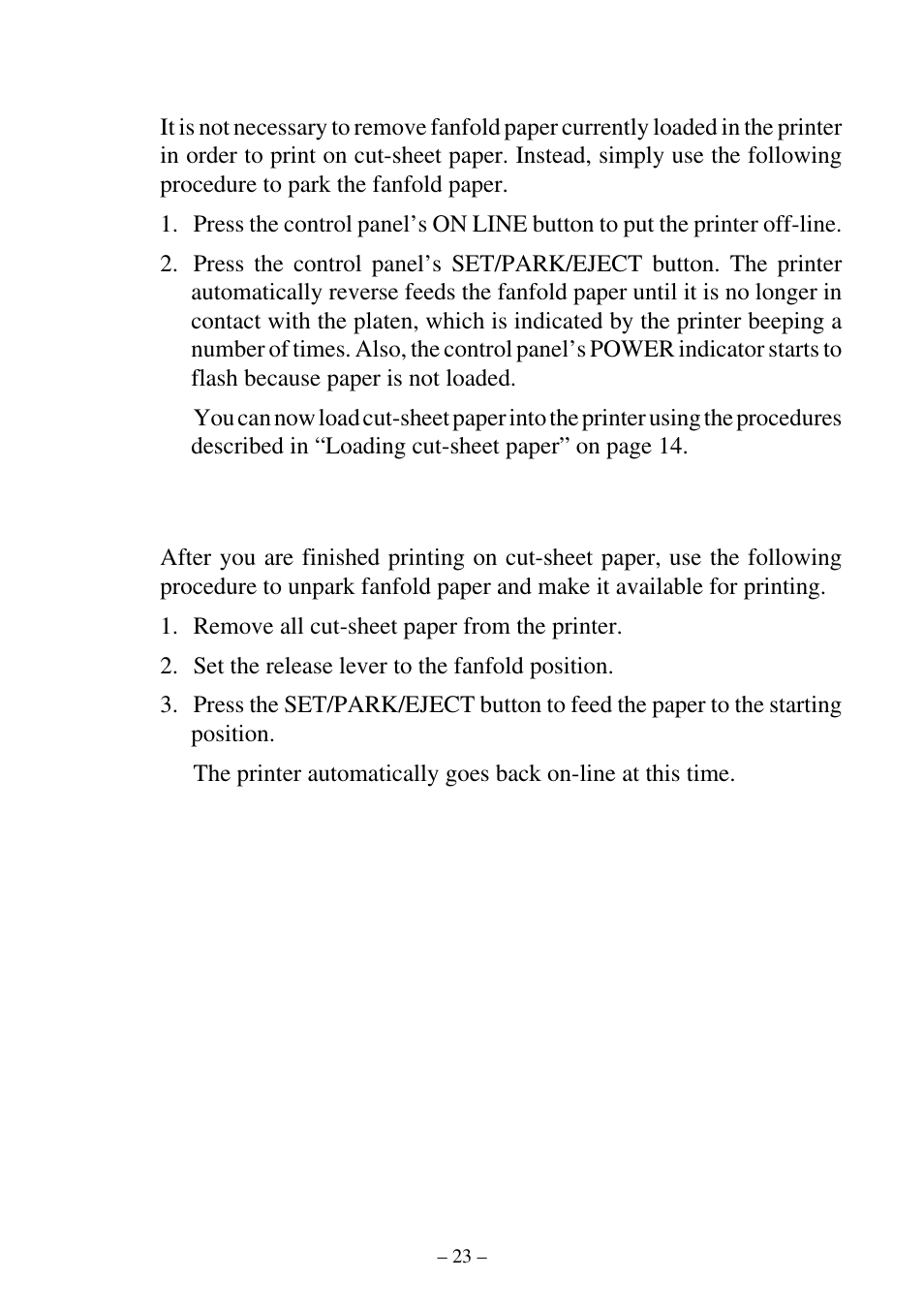 Parking fanfold paper, Unparking fanfold paper | Star Micronics ATAR LC-500 User Manual | Page 27 / 72