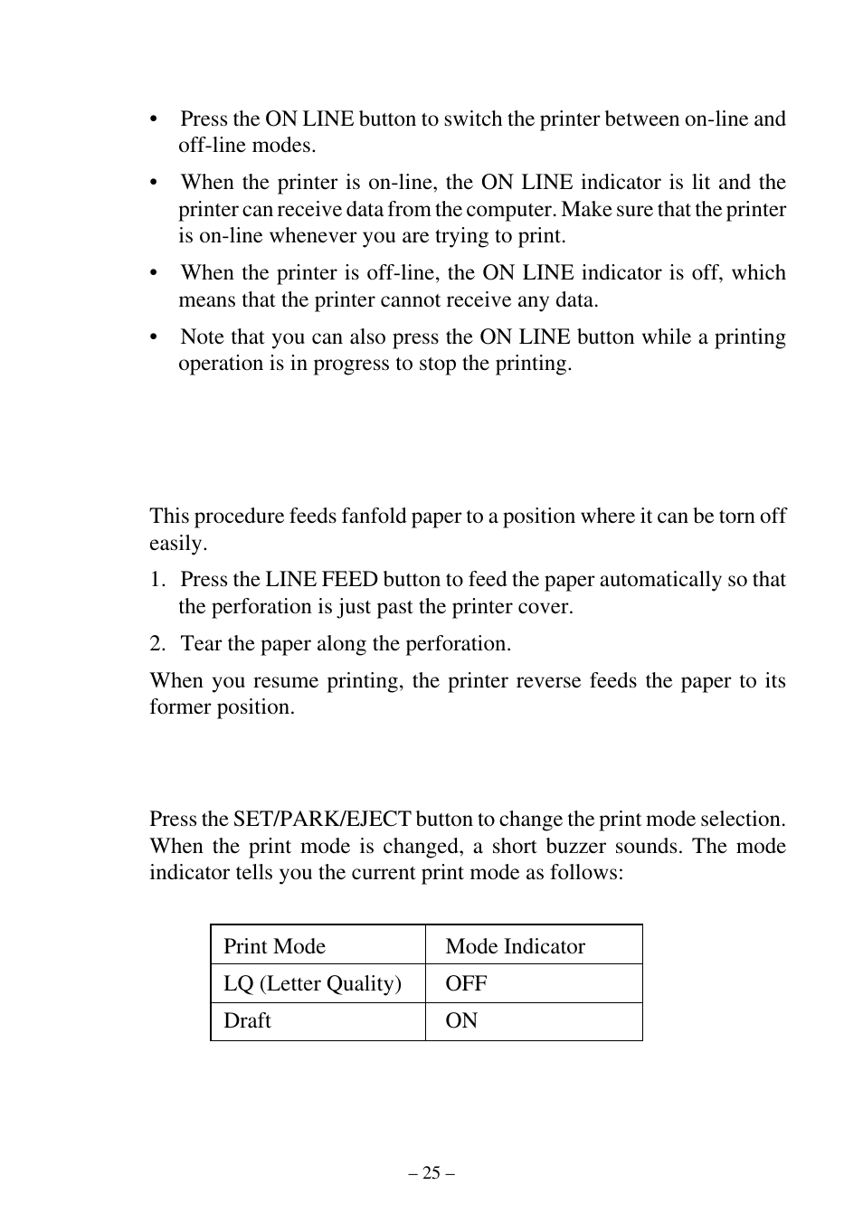Switching between on-line and off-line, Control panel functions in on-line mode | Star Micronics ATAR LC-500 User Manual | Page 29 / 72