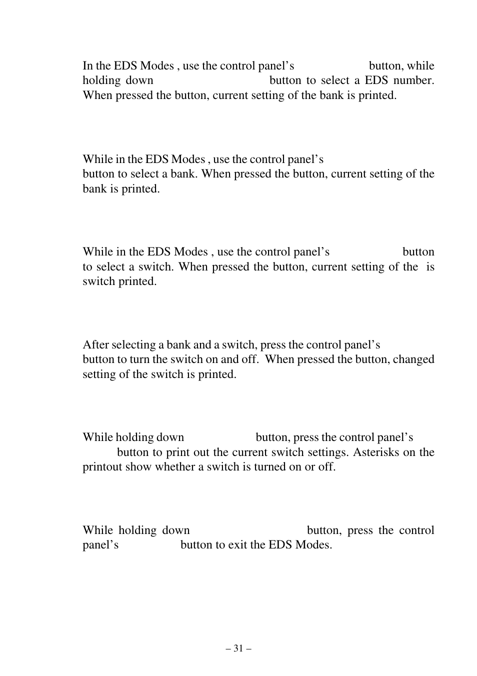 Selecting a eds number, Selecting a bank, Selecting a switch | Changing a switch setting, Printing the current eds settings, Exiting the eds modes | Star Micronics ATAR LC-500 User Manual | Page 35 / 72