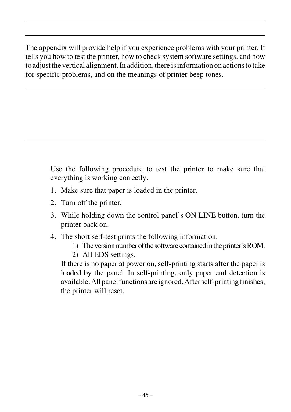 Long test, Hexadecimal dump, Troubleshooting | Short test | Star Micronics ATAR LC-500 User Manual | Page 49 / 72