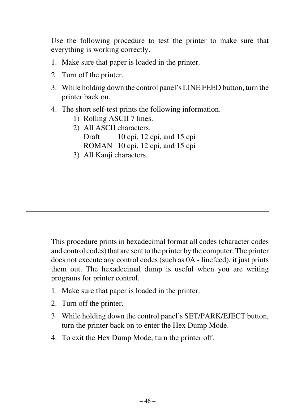 Adjusting the dot alignment, Long test, Hexadecimal dump | Star Micronics ATAR LC-500 User Manual | Page 50 / 72