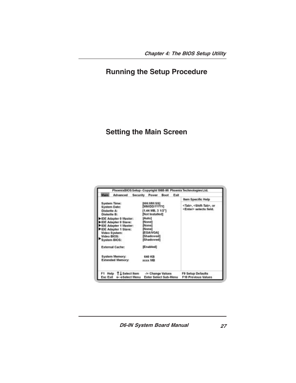 Running the setup procedure, Setting the main screen | Star Micronics PCI/ISA System Board D6-IN User Manual | Page 29 / 71