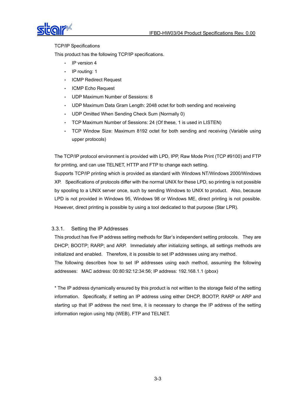 Setting the ip addresses, Setting the ip addresses -3 | Star Micronics IFBD-HW03/04 User Manual | Page 10 / 47