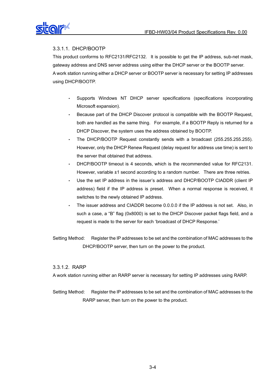 Dhcp/bootp, Rarp, Dhcp/bootp -4 | Rarp -4 | Star Micronics IFBD-HW03/04 User Manual | Page 11 / 47