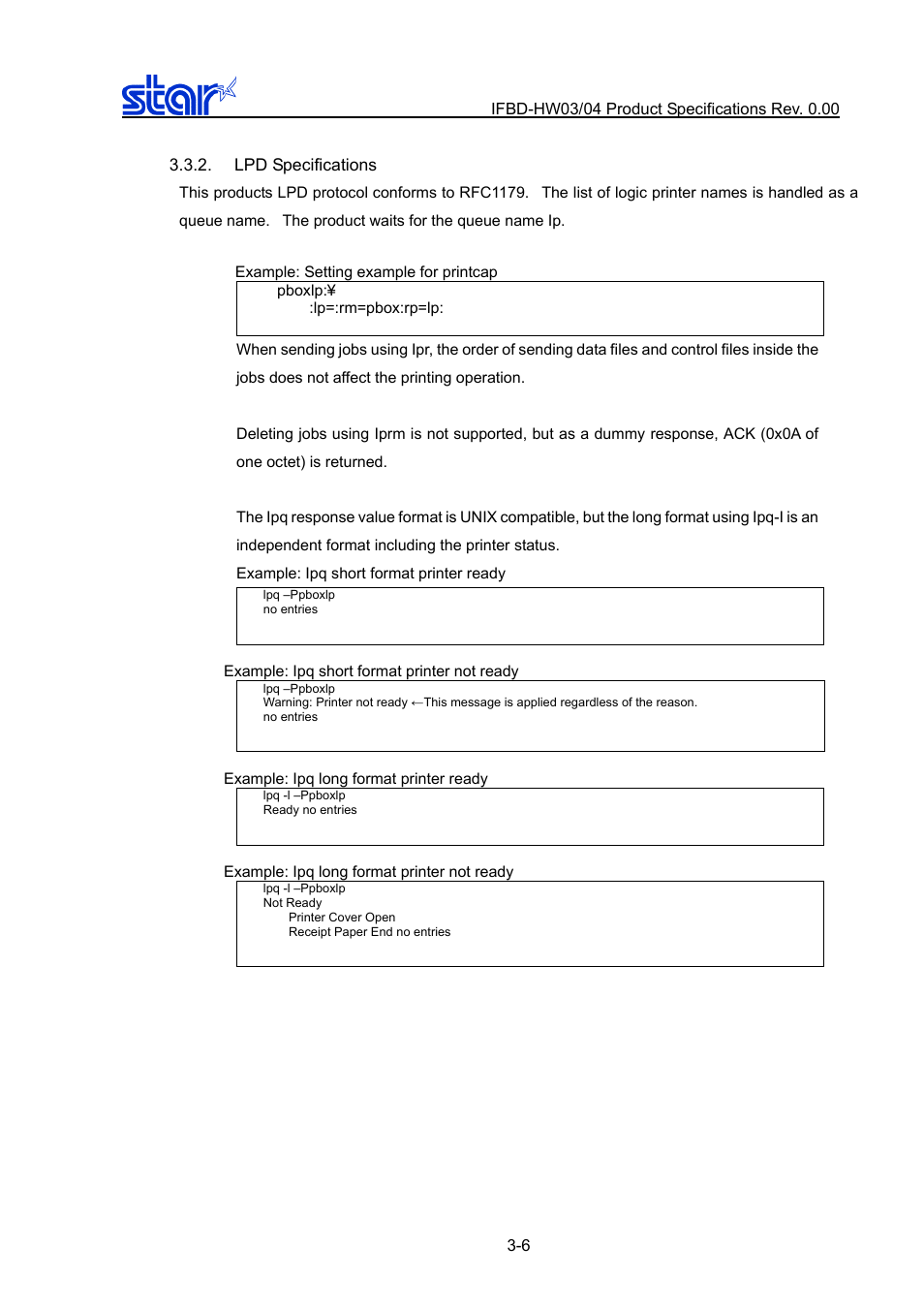 Lpd specifications, Lpd specifications -6 | Star Micronics IFBD-HW03/04 User Manual | Page 13 / 47