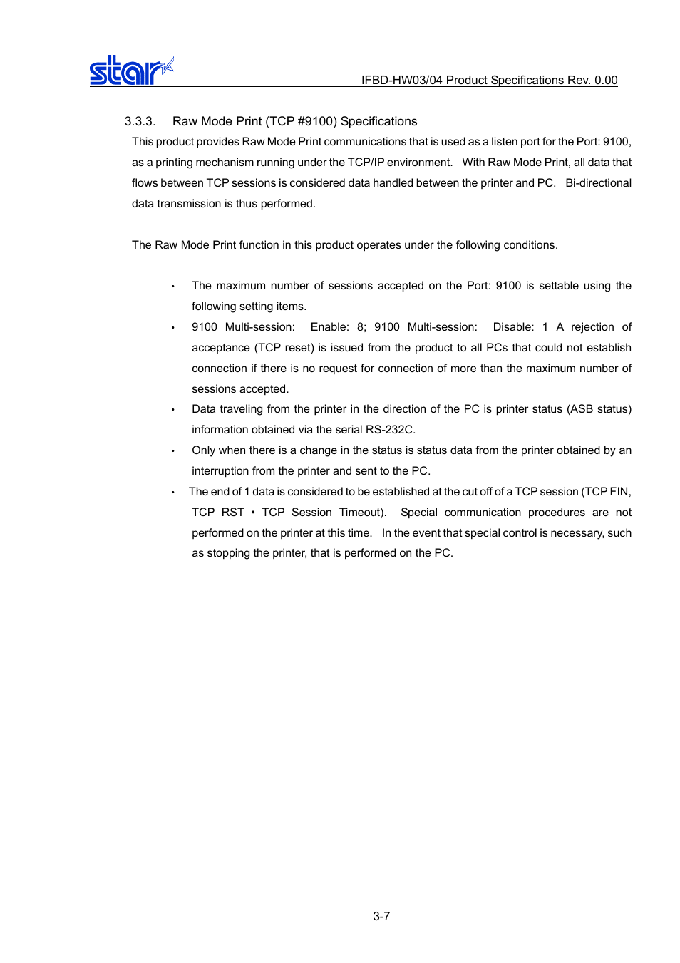 Raw mode print (tcp #9100) specifications, Raw mode print (tcp #9100) specifications -7 | Star Micronics IFBD-HW03/04 User Manual | Page 14 / 47