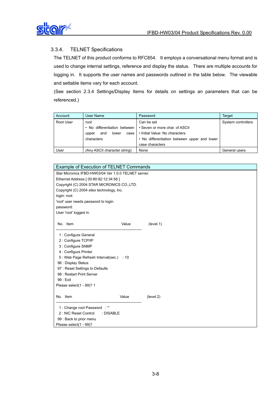 Telnet specifications, Telnet specifications -8 | Star Micronics IFBD-HW03/04 User Manual | Page 15 / 47