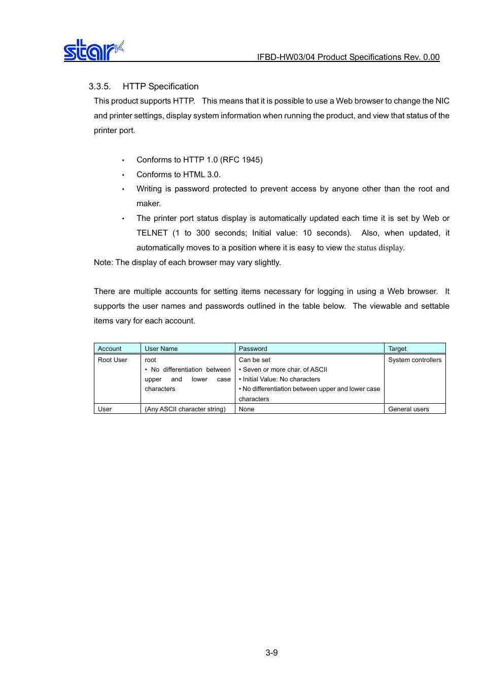 Http specification, Http specification -9 | Star Micronics IFBD-HW03/04 User Manual | Page 16 / 47