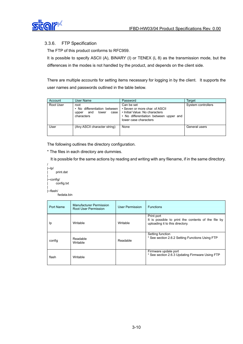 Ftp specification, Ftp specification -10 | Star Micronics IFBD-HW03/04 User Manual | Page 17 / 47
