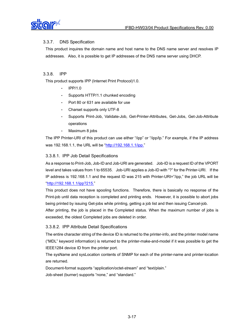 Dns specification, Ipp job detail specifications, Ipp attribute detail specifications | Dns specification -17, Ipp -17, Ipp job detail specifications -17, Ipp attribute detail specifications -17 | Star Micronics IFBD-HW03/04 User Manual | Page 24 / 47