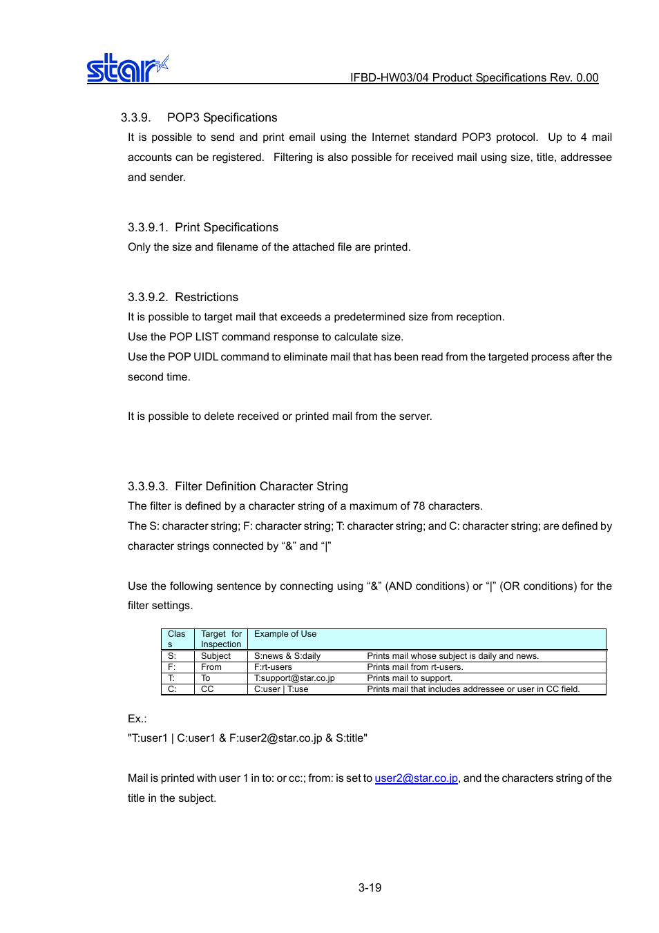 Pop3 specifications, Print specifications, Restrictions | Filter definition character string, Pop3 specifications -19, Print specifications -19, Restrictions -19, Filter definition character string -19 | Star Micronics IFBD-HW03/04 User Manual | Page 26 / 47