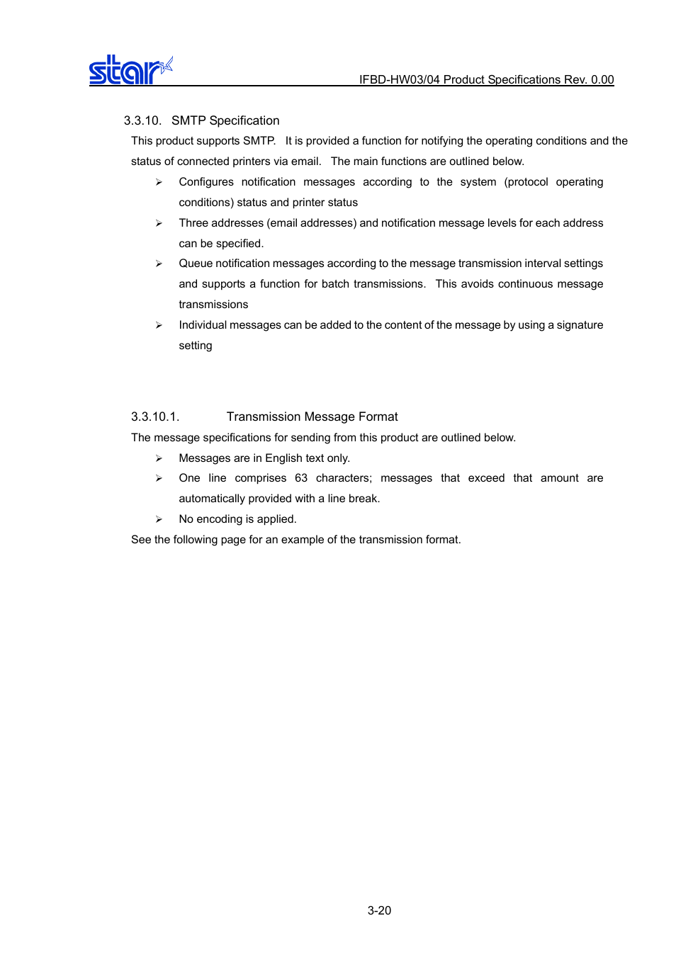 Smtp specification, Transmission message format, Smtp specification -20 | Transmission message format -20 | Star Micronics IFBD-HW03/04 User Manual | Page 27 / 47