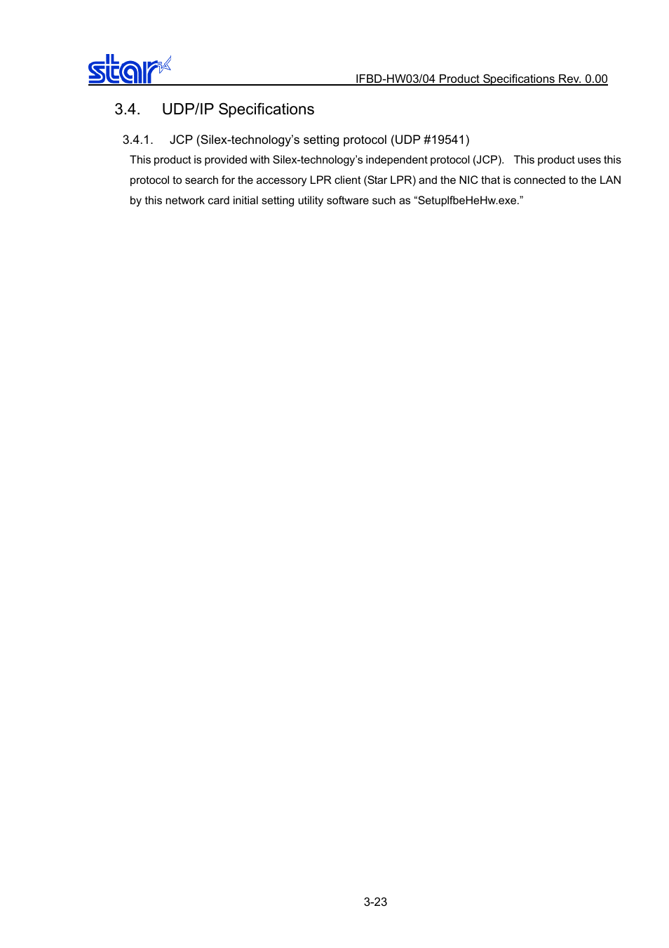 Udp/ip specifications, Jcp \(silex-technology’s setting protocol \(ud, Udp/ip specifications -23 | Star Micronics IFBD-HW03/04 User Manual | Page 30 / 47