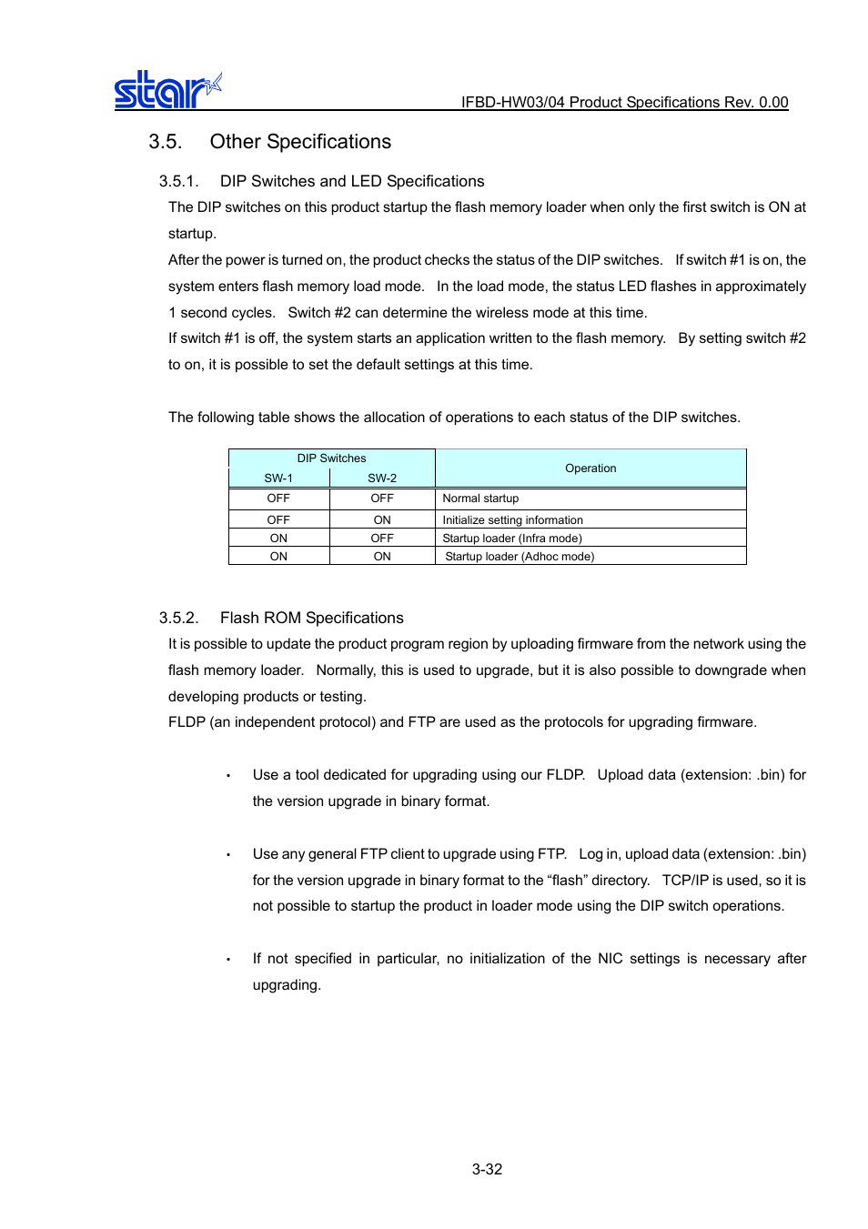 Other specifications, Dip switches and led specifications, Flash rom specifications | Other specifications -32, Dip switches and led specifications -32, Flash rom specifications -32 | Star Micronics IFBD-HW03/04 User Manual | Page 39 / 47