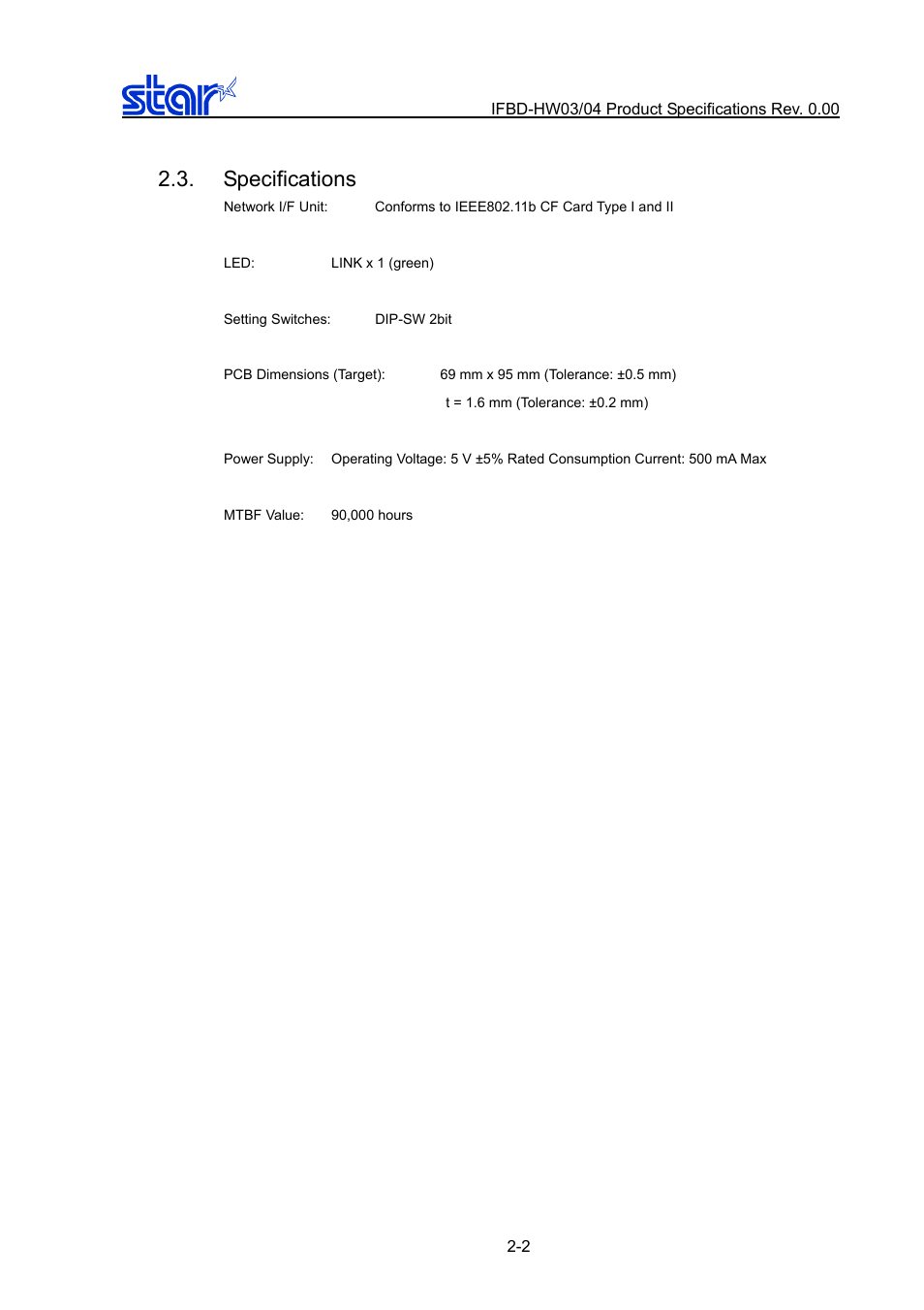 Specifications, Specifications -2 | Star Micronics IFBD-HW03/04 User Manual | Page 6 / 47
