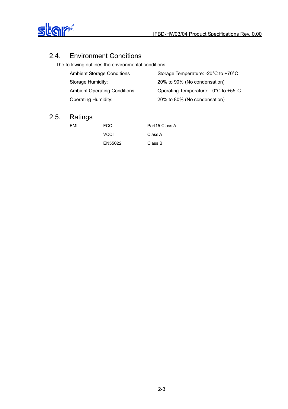 Environment conditions, Ratings, Environment conditions -3 | Ratings -3, 2.5. ratings environment conditions | Star Micronics IFBD-HW03/04 User Manual | Page 7 / 47