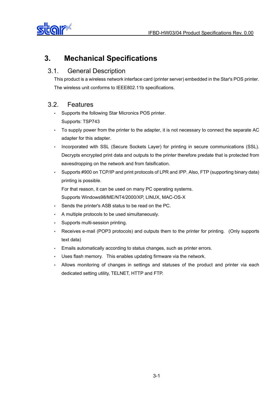 Mechanical specifications, General description, Features | Mechanical specifications -1, General description -1, Features -1, 3.2. features general description | Star Micronics IFBD-HW03/04 User Manual | Page 8 / 47