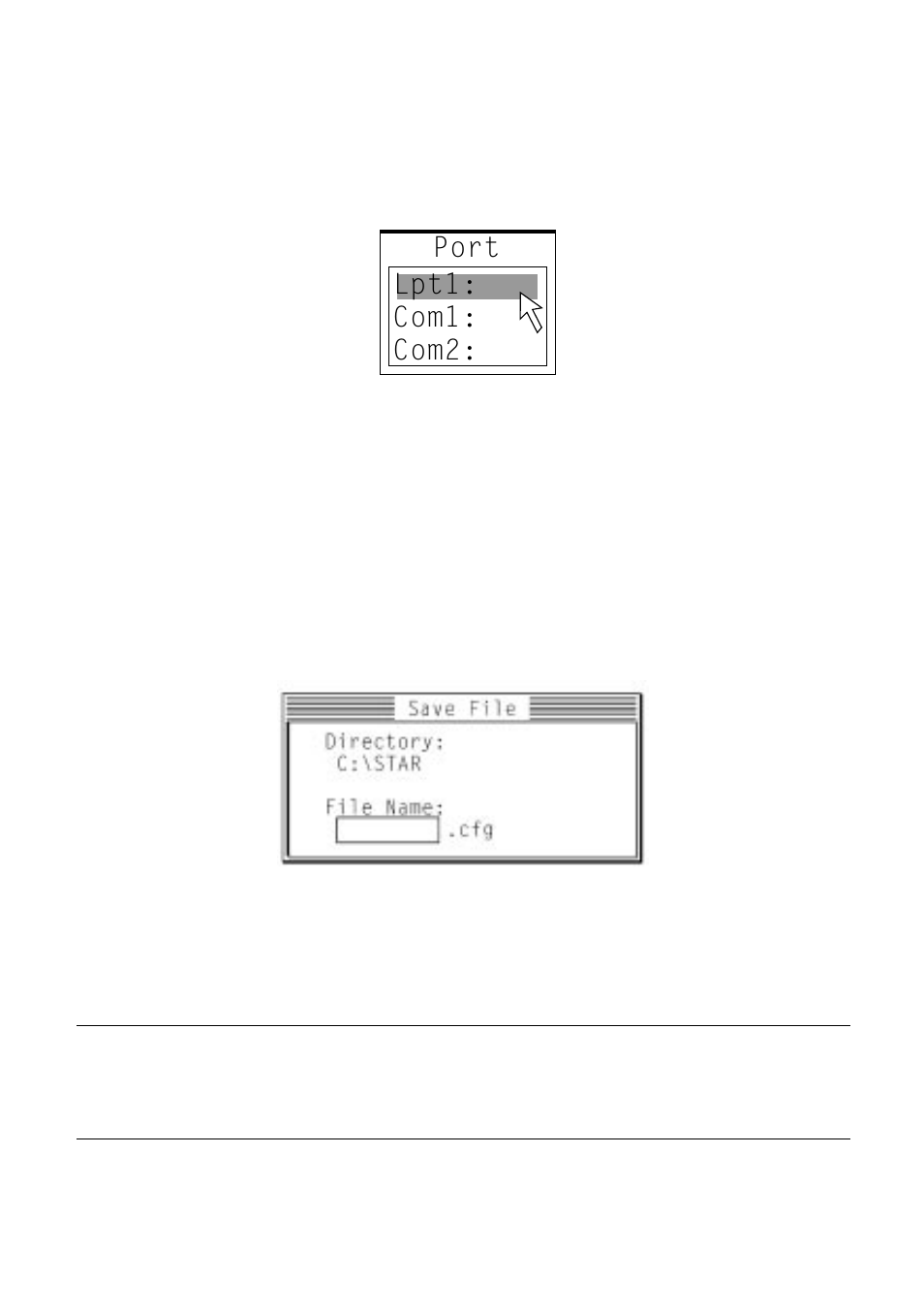 Changing the printer port, Saving setup data in a configuration file, Port lpt1: com1: com2 | Star Micronics LC-8211+ User Manual | Page 45 / 109