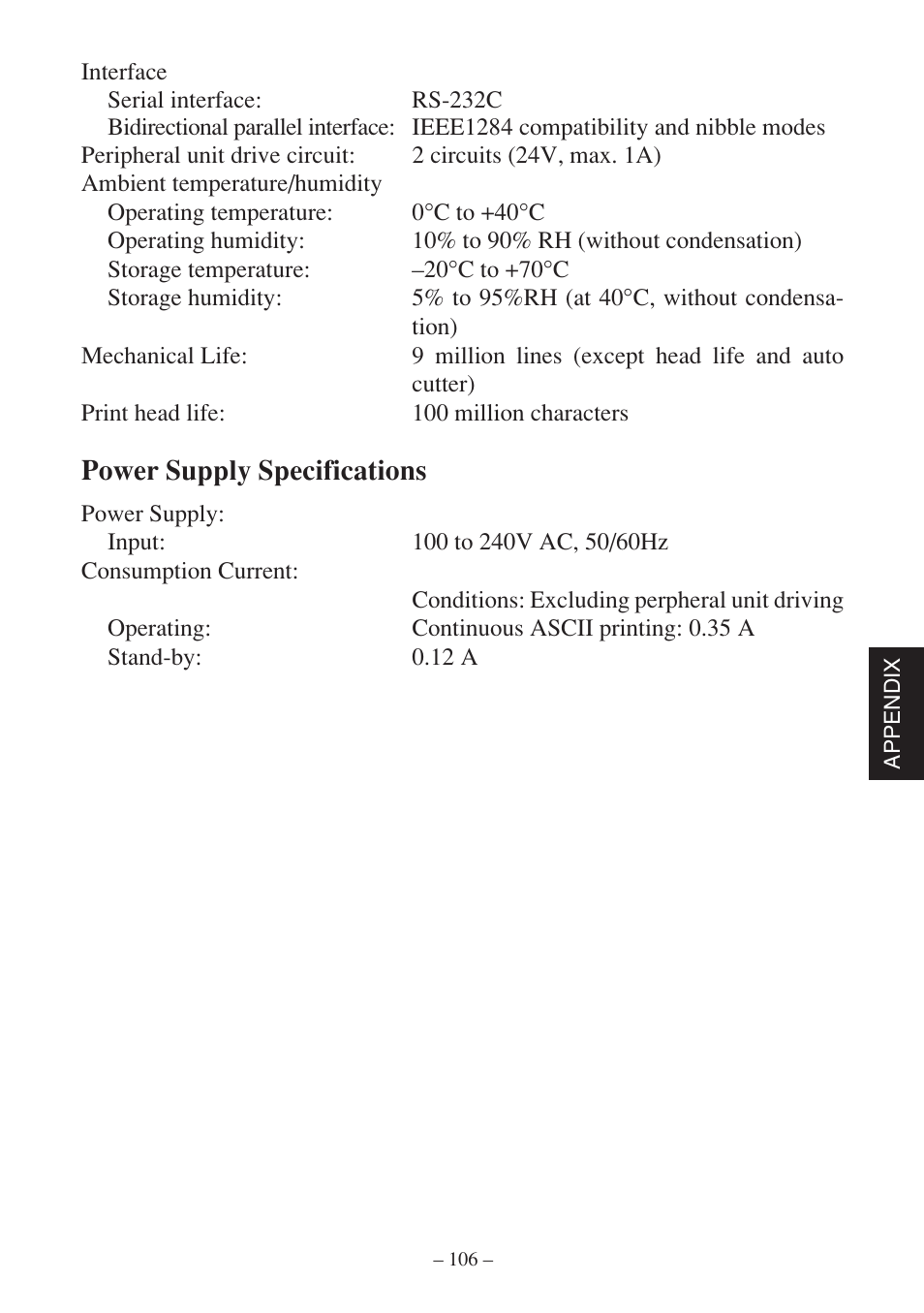 Power supply specifications | Star Micronics SP500 Series User Manual | Page 109 / 124