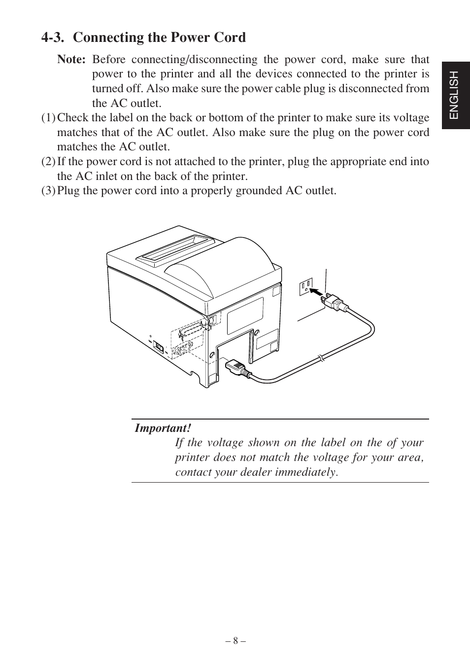 3. connecting the power cord | Star Micronics SP500 Series User Manual | Page 11 / 124