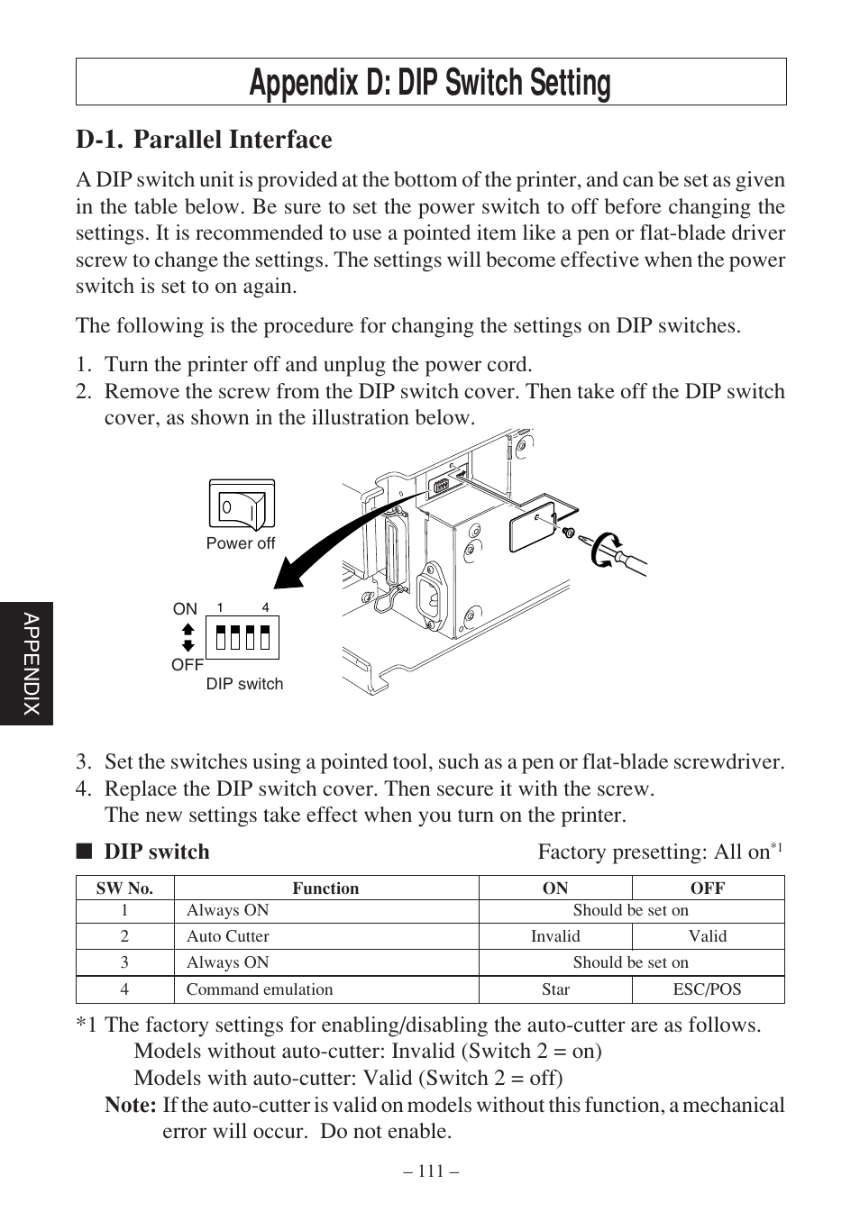 Appendix d: dip switch setting, D-1. parallel interface | Star Micronics SP500 Series User Manual | Page 114 / 124