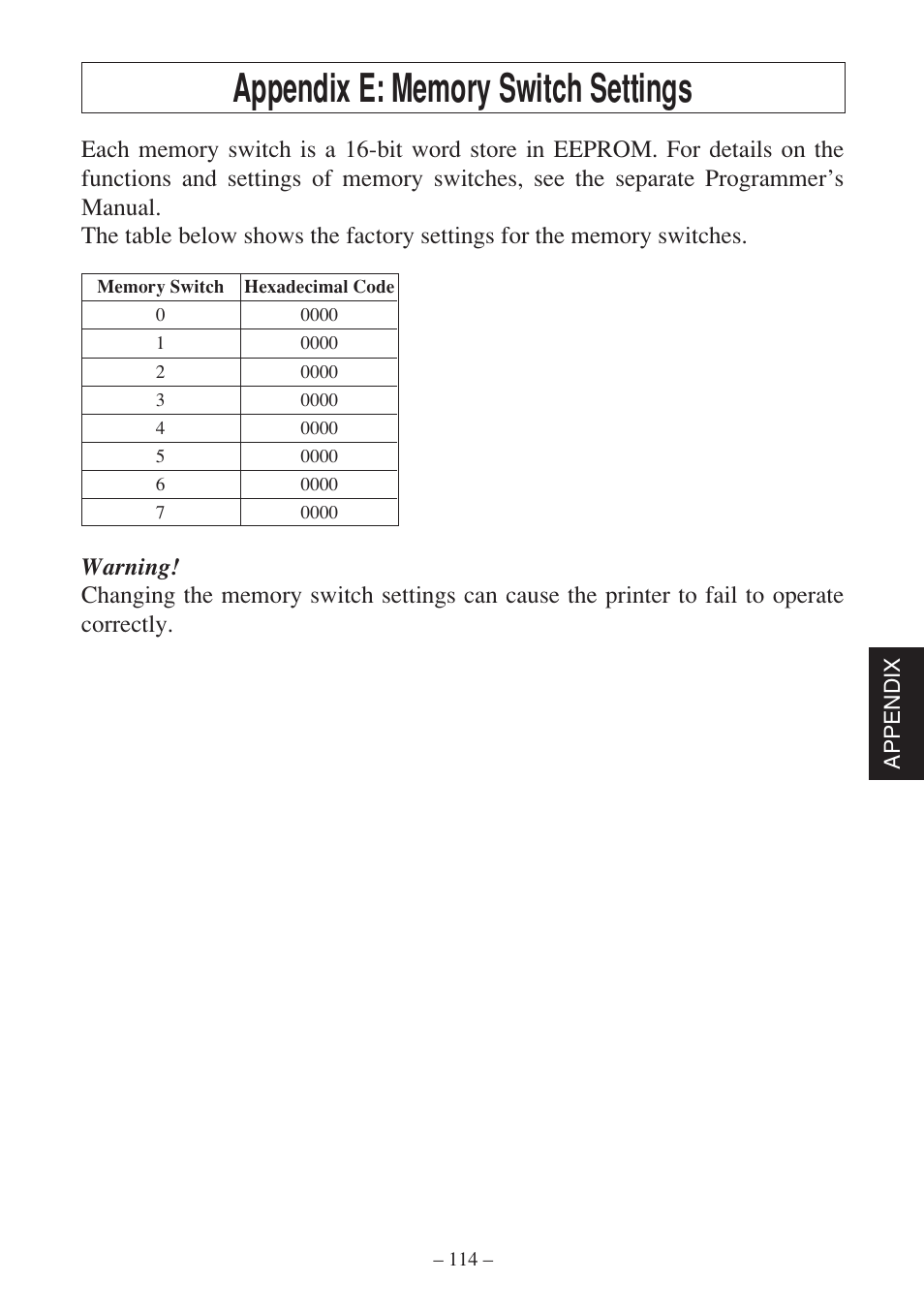 Appendix e: memory switch settings | Star Micronics SP500 Series User Manual | Page 117 / 124
